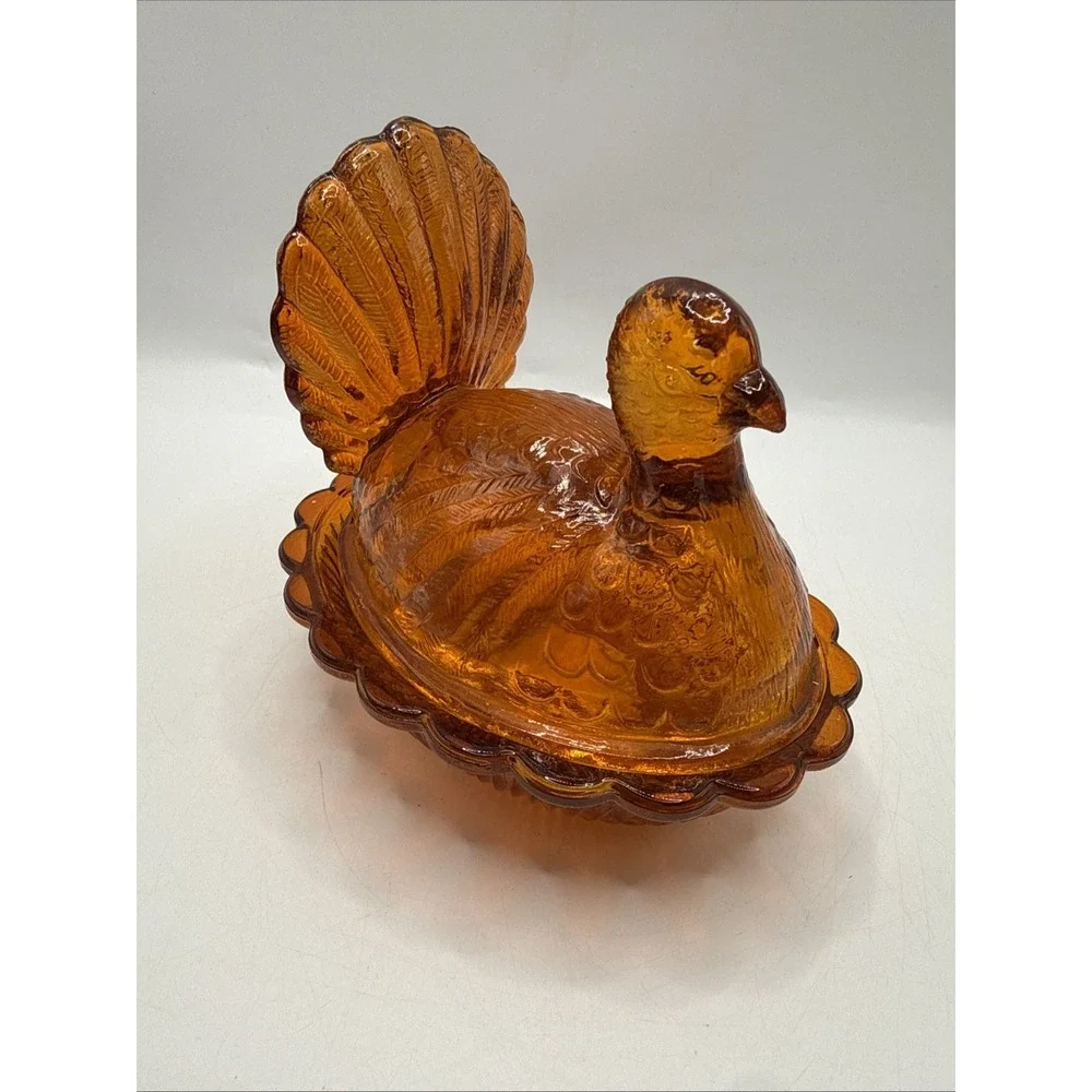 Vtg Indiana ND‎ Amber Orange Glass Small Turkey On A Nest Candy Dish 4.5